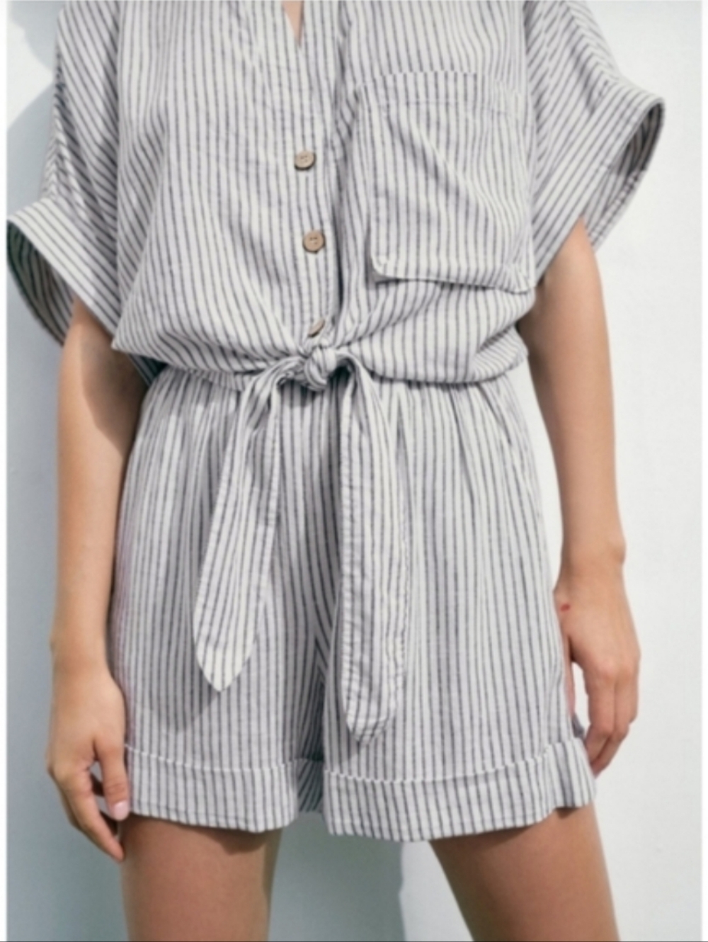 Zara Striped Paperbag Waist Shorts in White & Grey